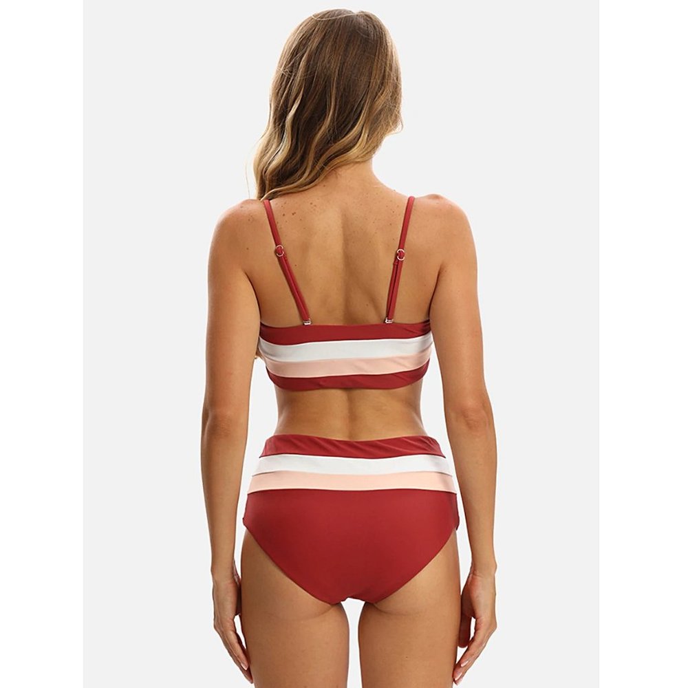 High-Waisted Colorblock Bandeau Bikini Set in Red - Picture 3 of 12